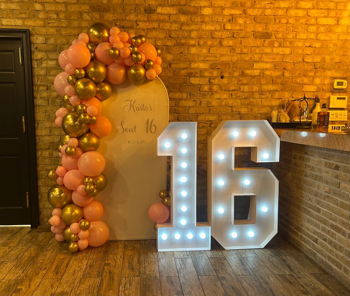 Sweet 16 Balloon Arch with 4ft Marquee Numbers. Call 917-675-1592 today to order yours. 