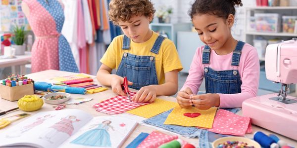Two children crafting with fabric and sewing materials in a bright room.