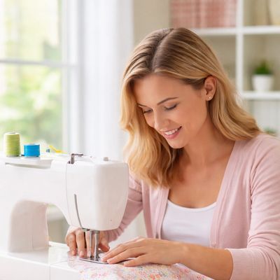 Woman happily sewing fabric with a sewing machine at home.