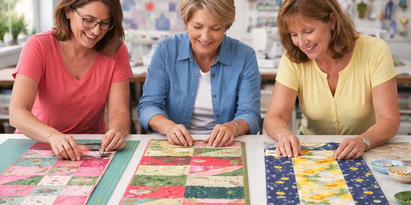 Three women happily quilting different patterned fabrics side by side.