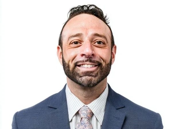 Smiling man in a suit and tie against a white background.