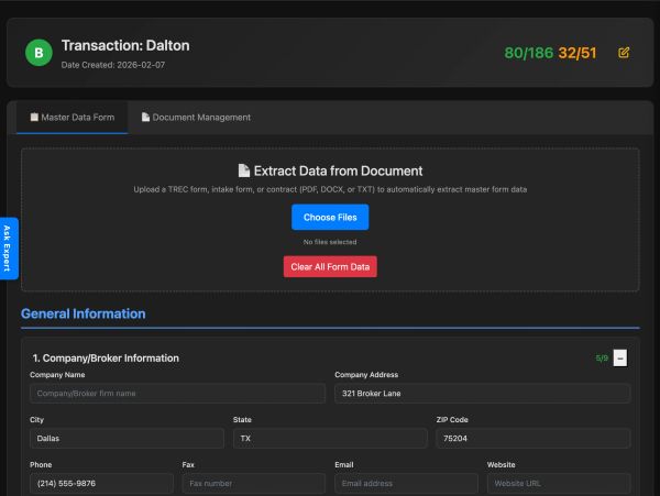 User interface for transaction data entry with company broker details and file upload.