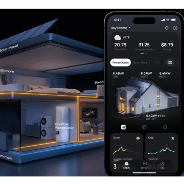 Smart home energy system with solar panels and app monitoring.