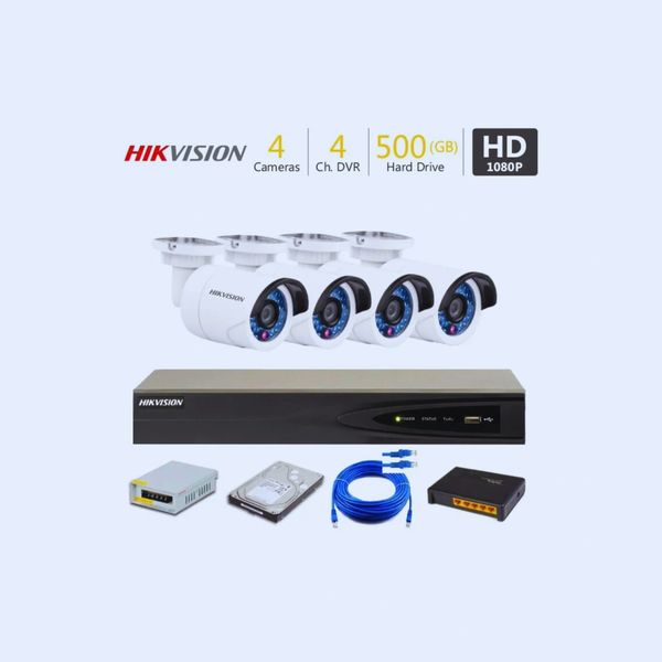 Hikvision 4-camera security system with 500GB hard drive and 1080P HD DVR.