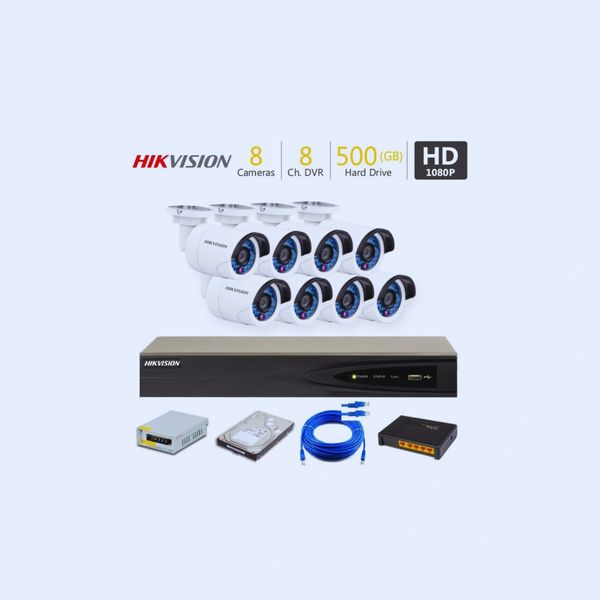 Hikvision 8-camera security system with 8-channel DVR and 500GB hard drive, HD 1080P.