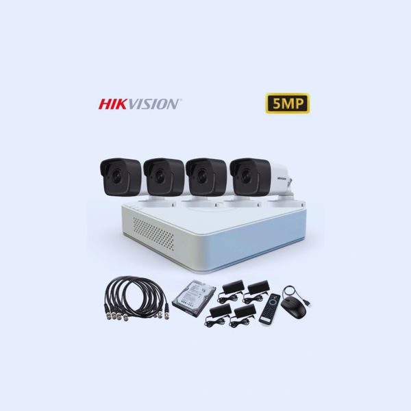 Hikvision 5MP surveillance camera system with four cameras and accessories.