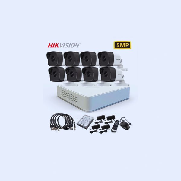 Hikvision 5MP security camera system with 8 cameras and accessories.