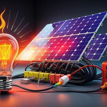 Solar panels powering a glowing light bulb through connected wires and electrical components.