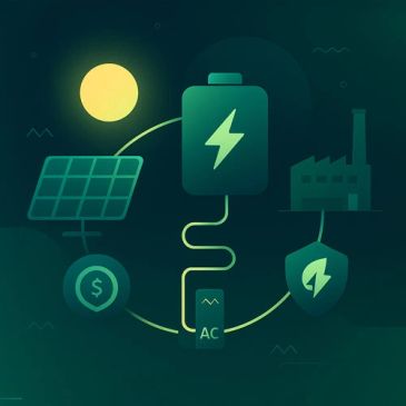 Solar energy powers a battery system linked to industry and protection.