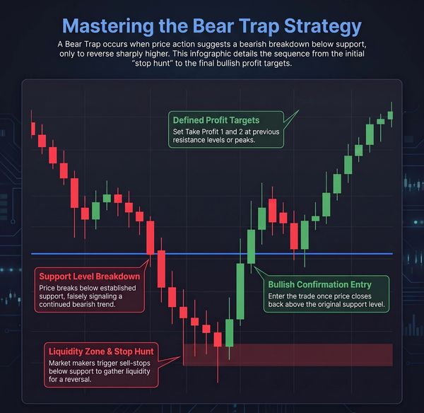 Infographic explaining the Bear Trap trading strategy.