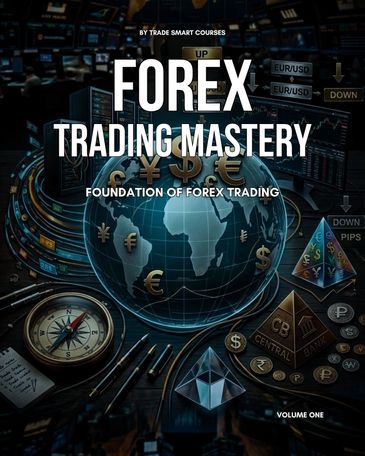 Forex trading mastery course cover with global currency symbols and trading charts.