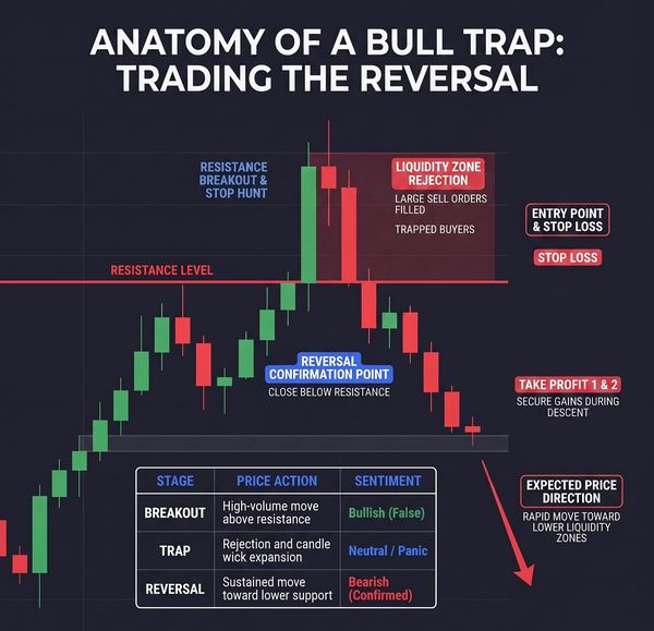 Diagram explaining a bull trap in trading showing resistance, reversal, and stop loss points.