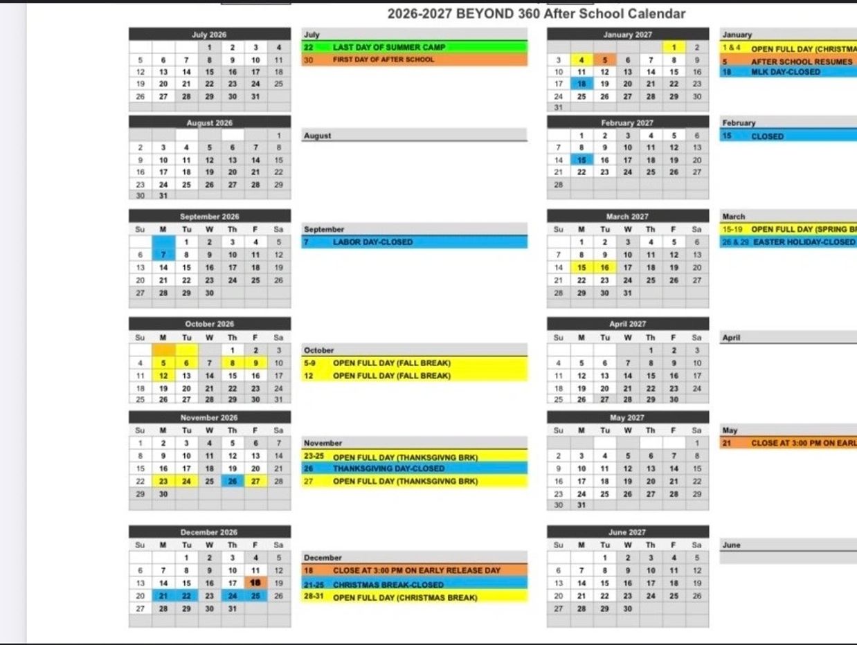 2026-2027 BEYOND 360 After School Calendar with key dates highlighted for breaks and closures.