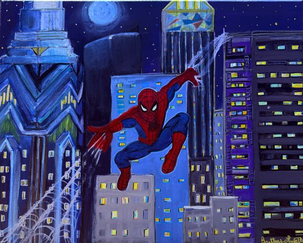  Painting of Spider-Man swinging through a cityscape at night.
