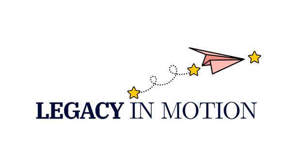 Logo with text 'LEGACY IN MOTION' and a pink paper airplane flying among stars.