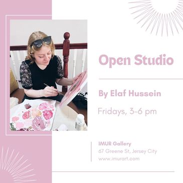 A woman painting pink floral art at an open studio event poster.