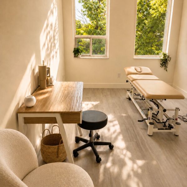 Calm therapy room with natural light and modern furniture.