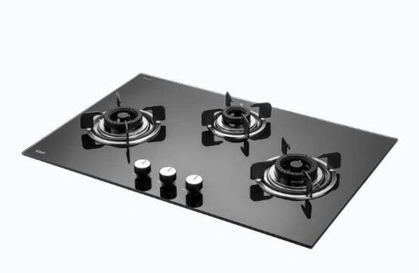 Black glass gas stove with three burners and three control knobs.