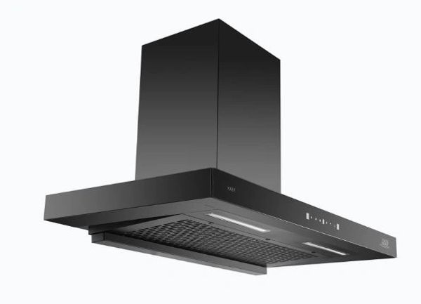 Modern black kitchen chimney hood.