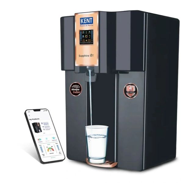 Kent Sapphire IoT water purifier dispensing water into a glass with a smartphone app.