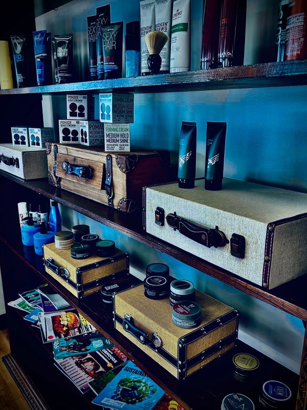 Hair products line the shelves, neatly arranged and ready for use