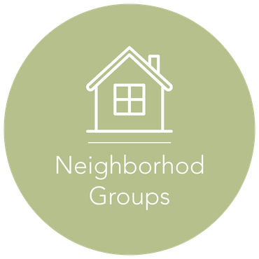 Simple icon of a house with text Neighborhood Groups.