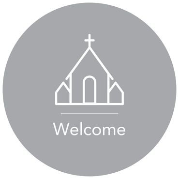 Simple church icon with 'Welcome' text on gray background.
