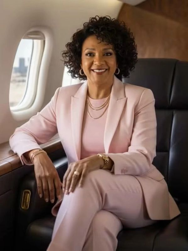 Confident woman in a light pink suit seated in an airplane cabin.