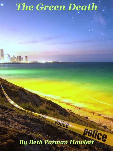 Night beach scene with glowing green water and police tape in the foreground.