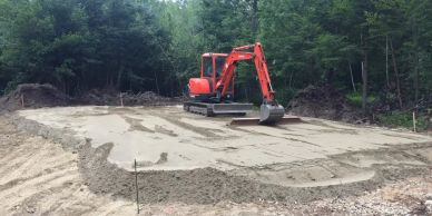 A red excavator levels soil on a cleared forest site.