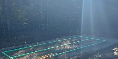 Sunlight beams over an outlined garden bed in a forest clearing.
