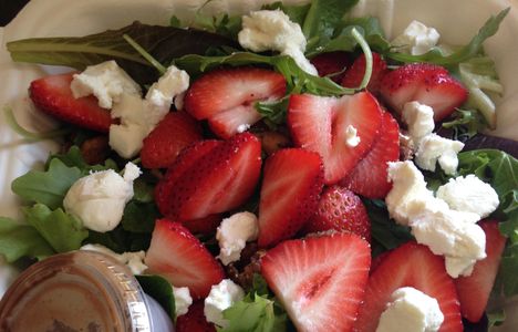 Strawberry- Goat Cheese Salad w/ spicy candied walnuts, shaved red onion, roasted garlic & balsamic 