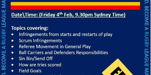 Schedule and topics for a rugby league rules session.