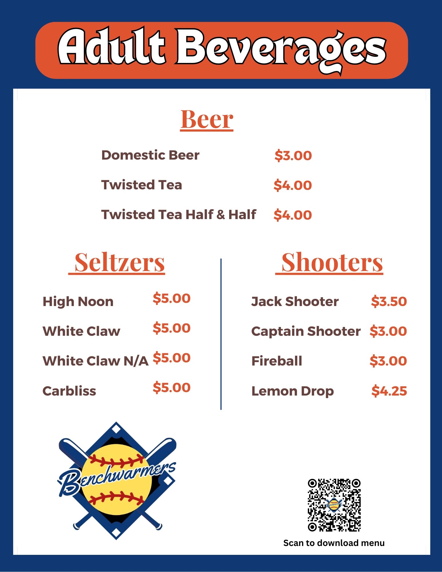 Menu of adult beverages including beer, seltzers, and shooters with prices.