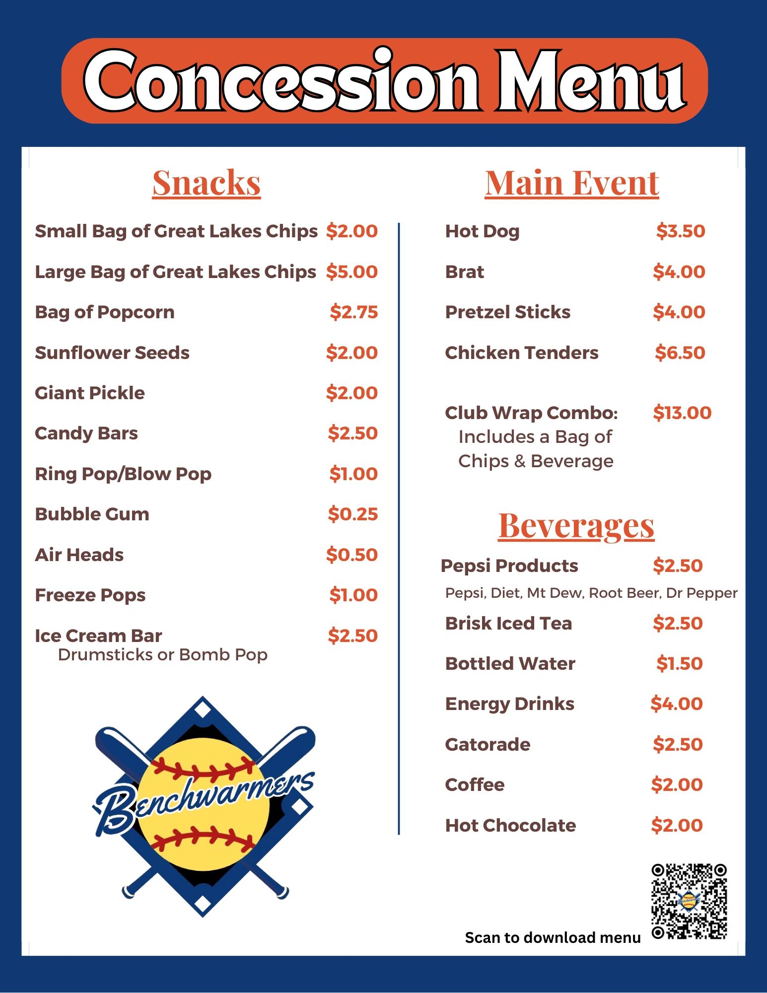 Concession menu with snacks, main event, and beverages prices.