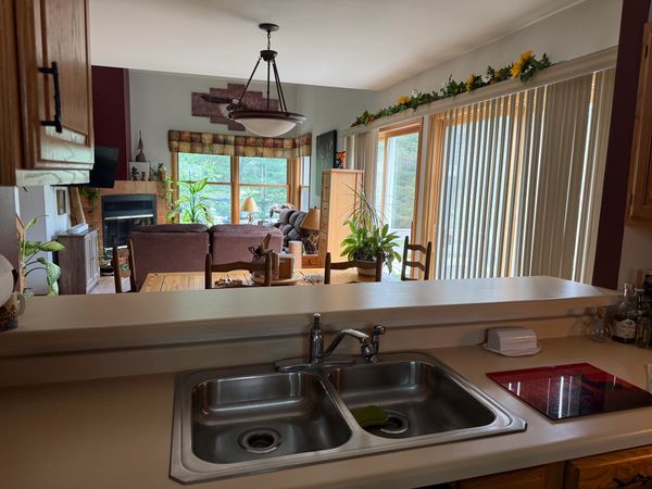 Cozy open-plan kitchen and living room with natural light and plants.