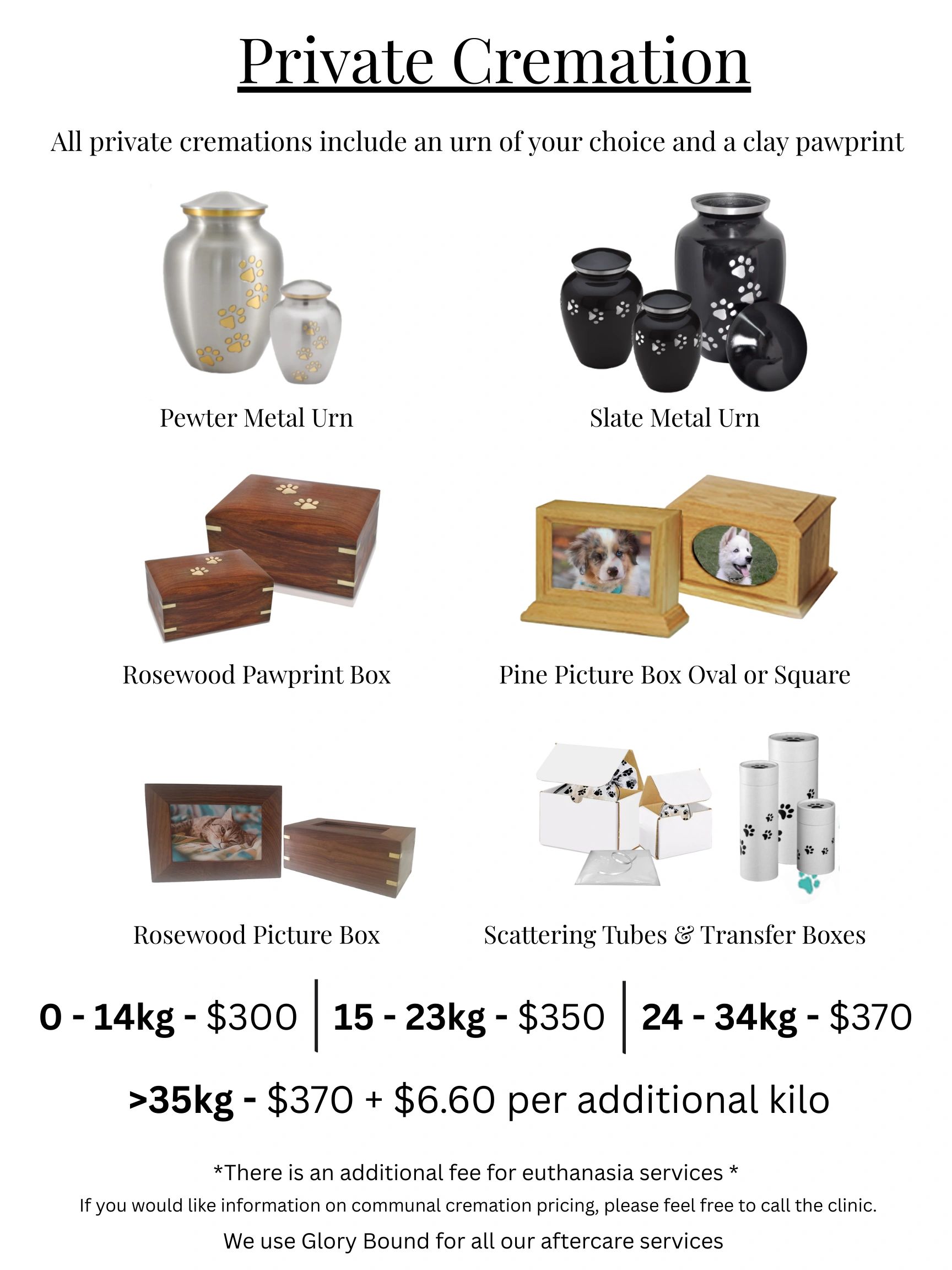 Various private cremation urns and boxes with pricing details.