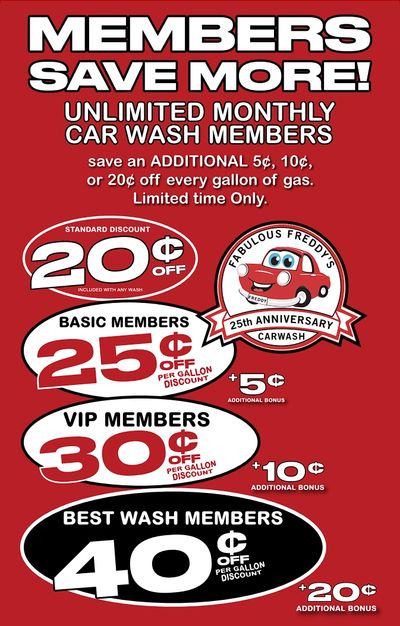 Promotional poster for Fabulous Freddy's car wash membership discounts.