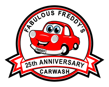 A happy red cartoon car named Freddy inside a red circular frame.