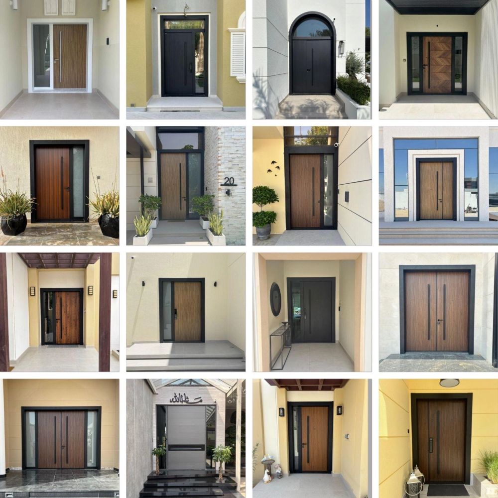 Collage of modern wooden front doors with black frames.