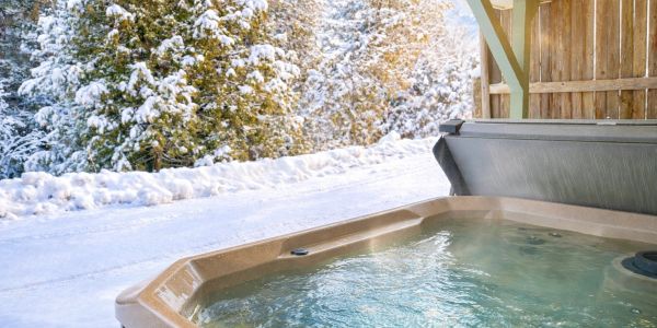 Hot tub with snowy trees in background.