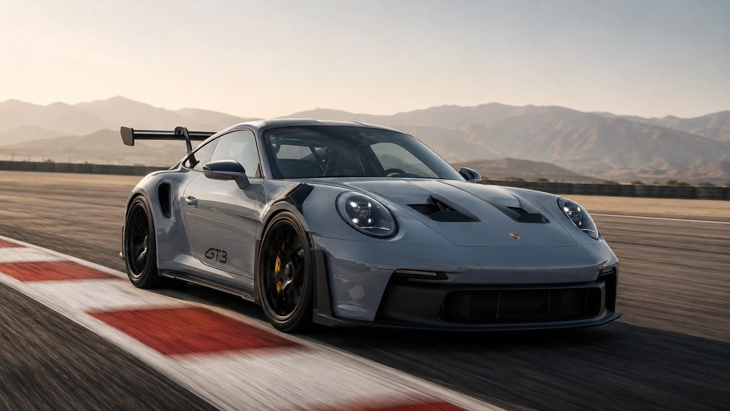 Gray Porsche 911 GT3 racing on track with mountains in background.