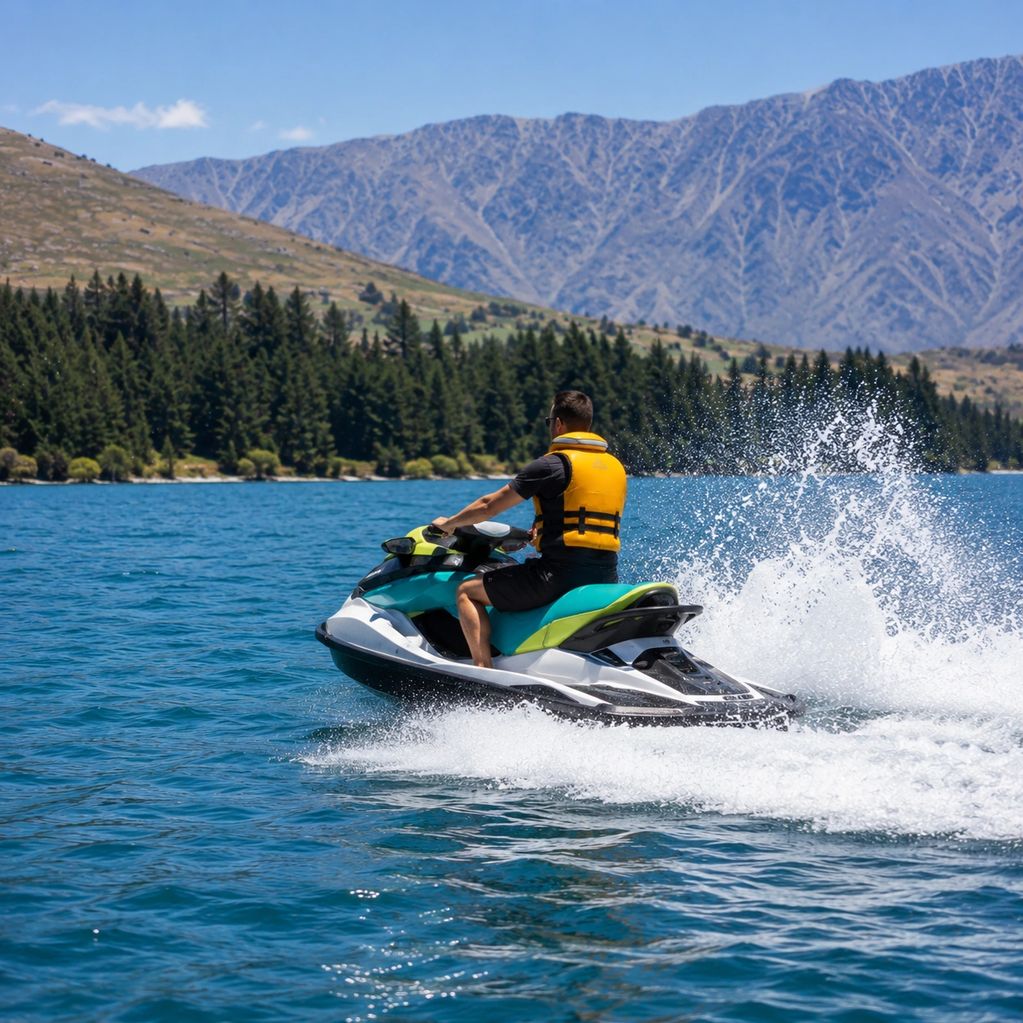 Man riding a jet ski on a lake with mountains and trees in the background.