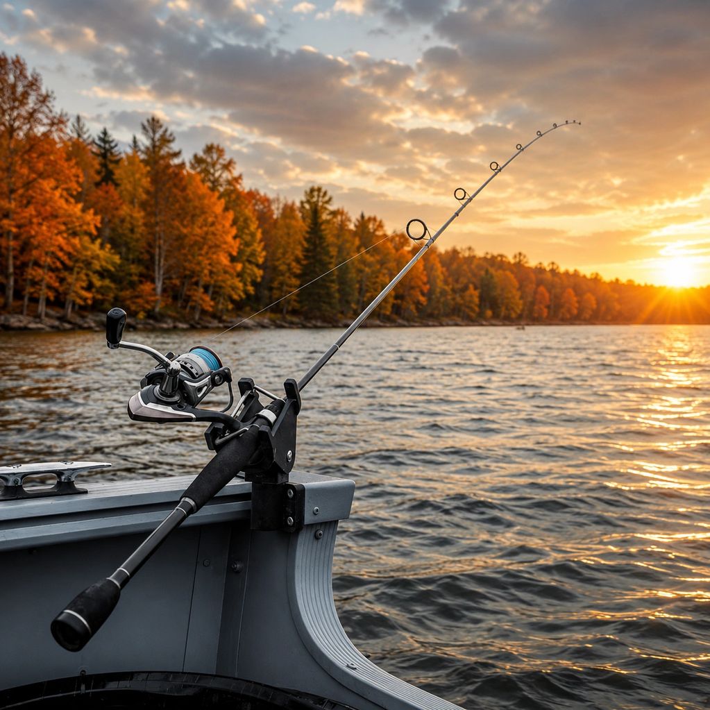 Fishing rod set up on a boat during a sunset by autumn trees.