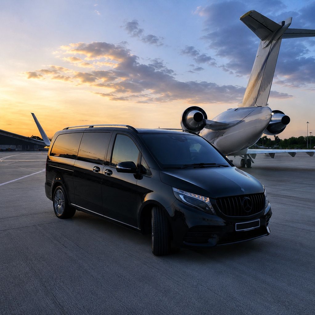 Black luxury van parked near a private jet at sunset on an airport tarmac.
