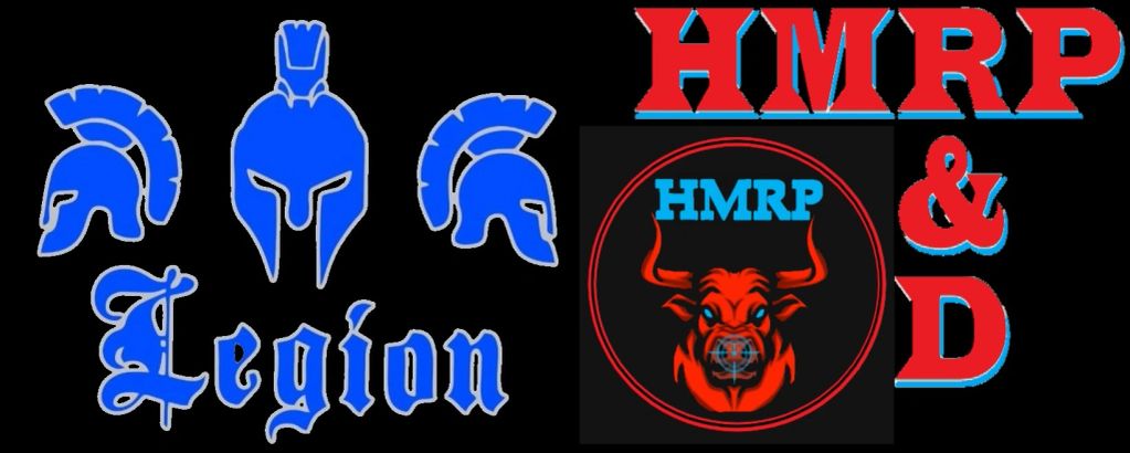 Blue Spartan helmets with 'Legion' text and a red and blue HMRP &amp; D logo with a bull illustration.