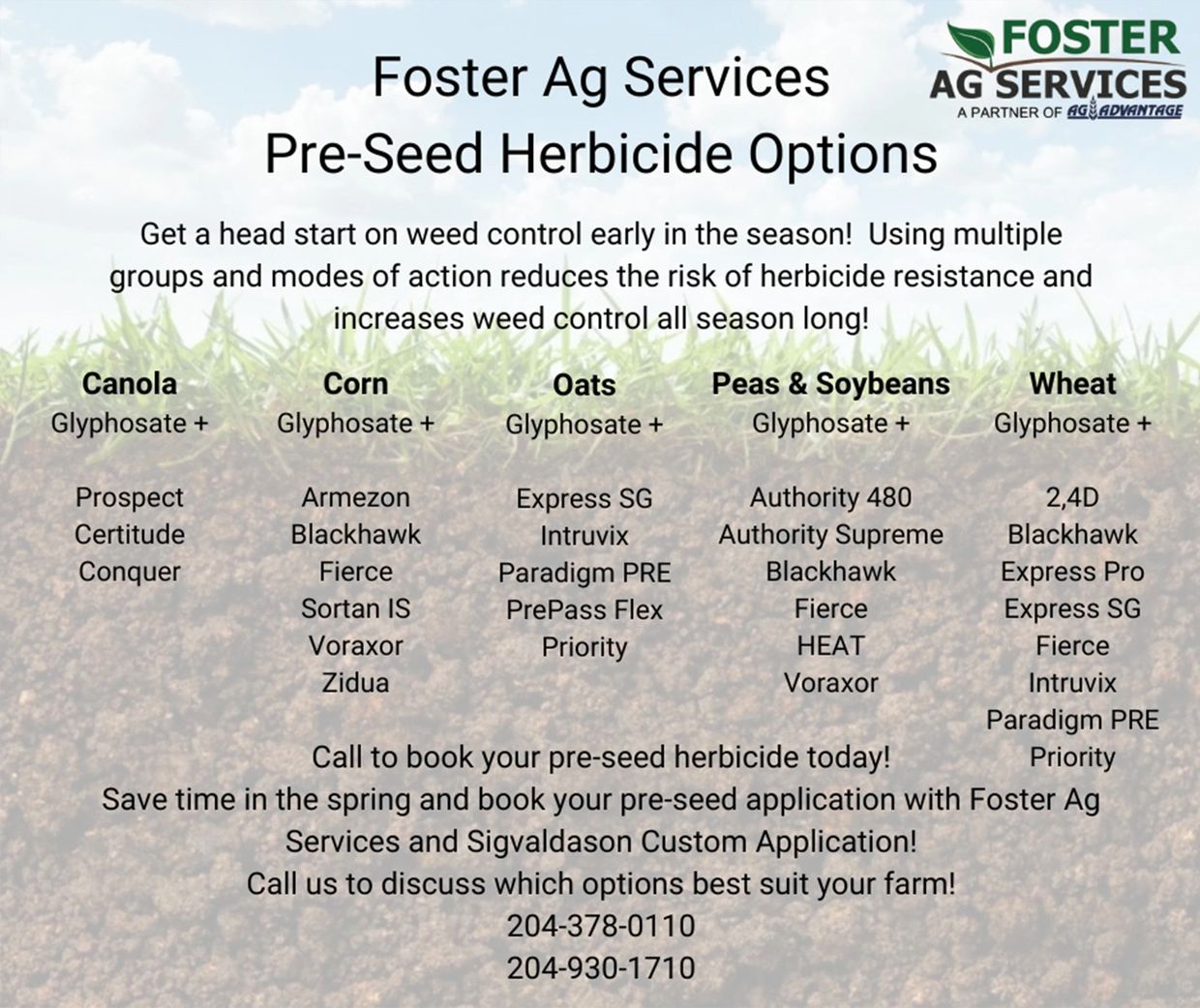Foster Ag Services offers pre-seed herbicide options for various crops.