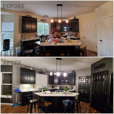 Kitchen before and after renovation with black cabinets.