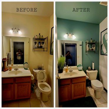 Before and after bathroom renovation with new wall color and decor.