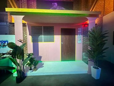Small pink house facade with plants at night.